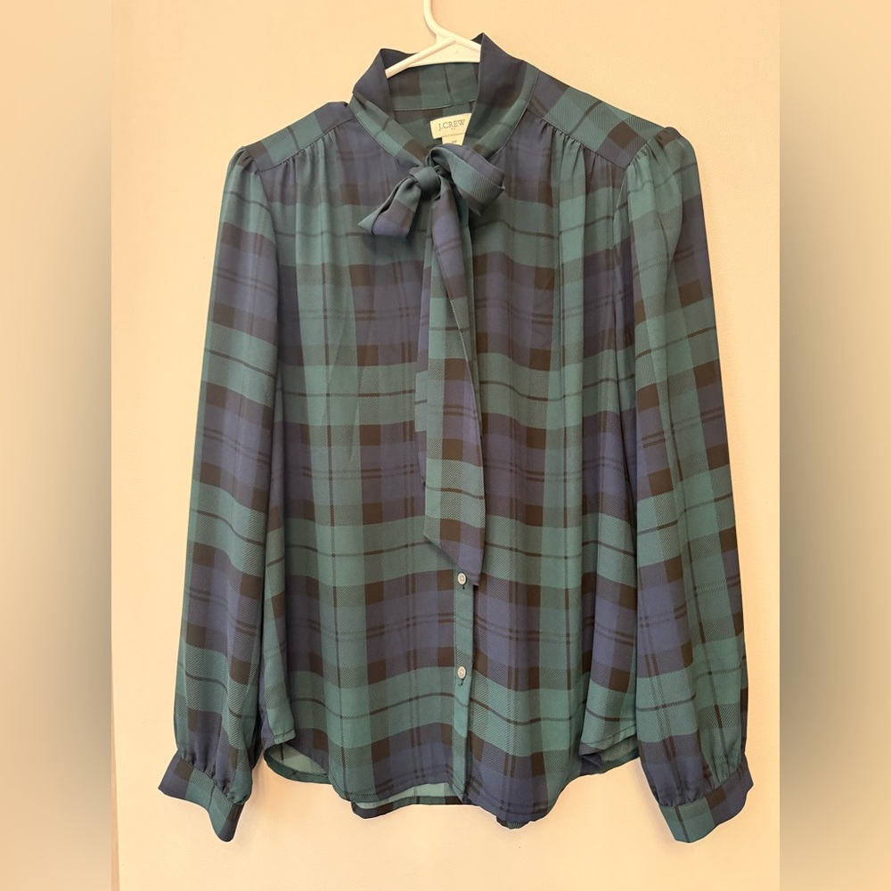 J. Crew Green and Navy Checkered Blouse with Neck Tie Size MP